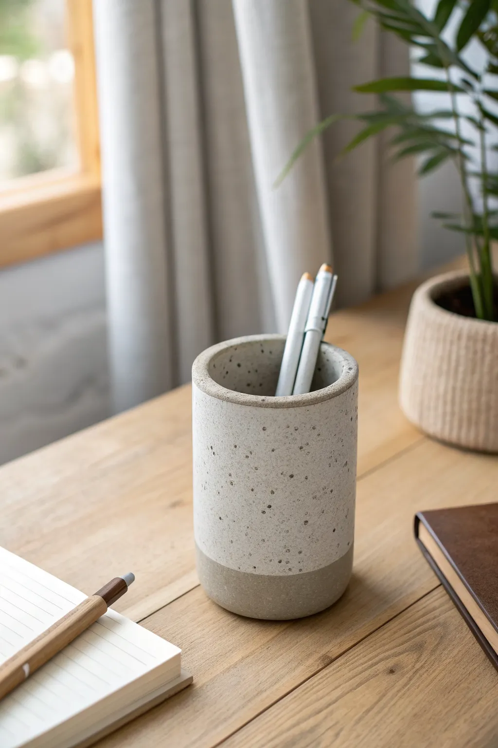 Minimal stone-gray clay pen cup that looks polished and grown-up on any desk