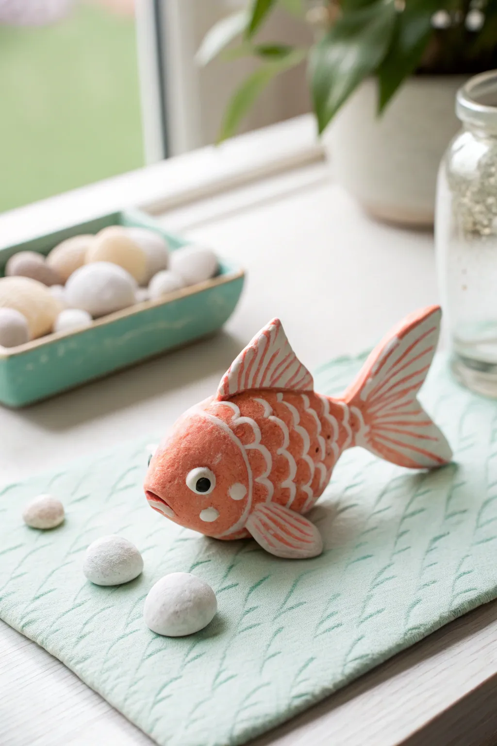 Sweet air dry clay goldfish with bubble pals, a simple kid-friendly animal craft in pastel aqua