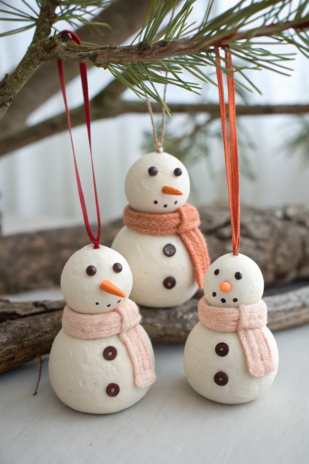 Sweet snowman family ornaments in air dry clay, simple to make and perfect for kids at Christmas.