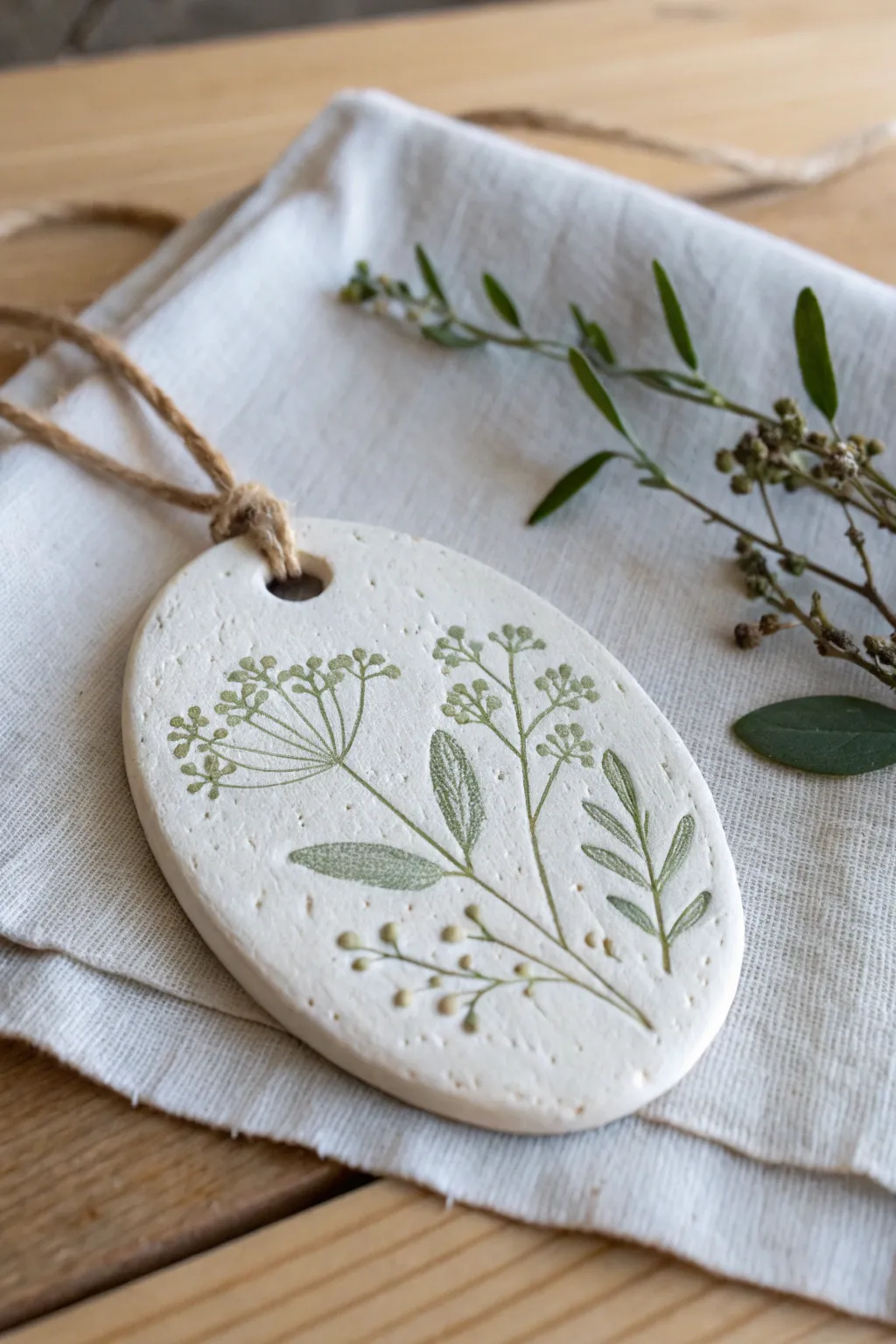 Kid-friendly clay ornament with crisp leaf and flower prints, softly washed for natural texture