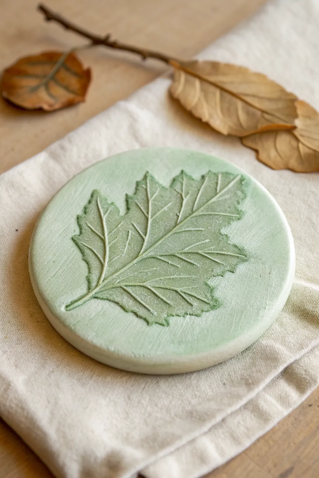 Simple leaf-imprint air dry clay medallion with soft green wash, perfect for kindergarten nature crafts.