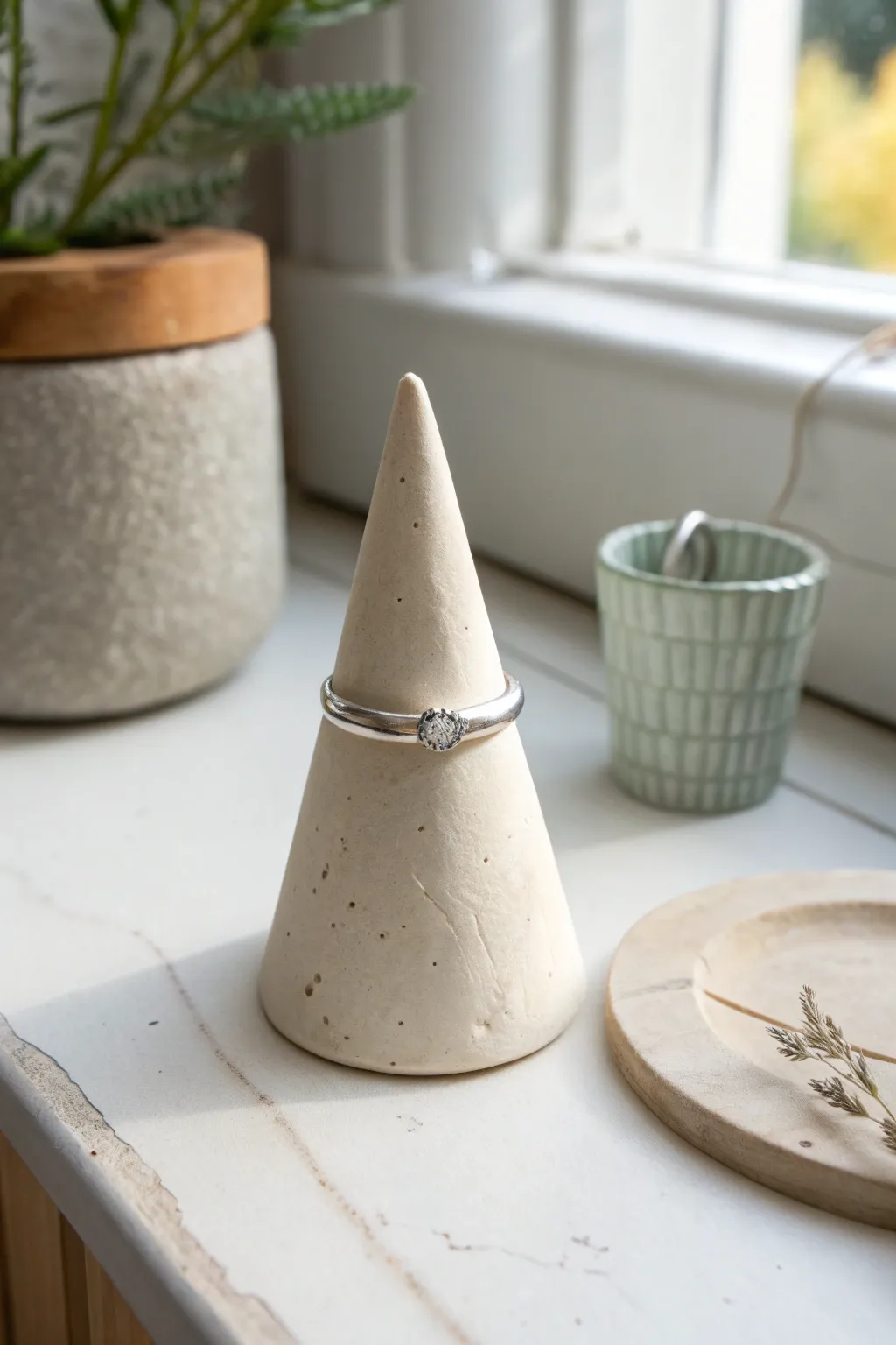 Minimal clay ring cone holding a wedding band, clean bathroom styling with soft Scandinavian contrast.