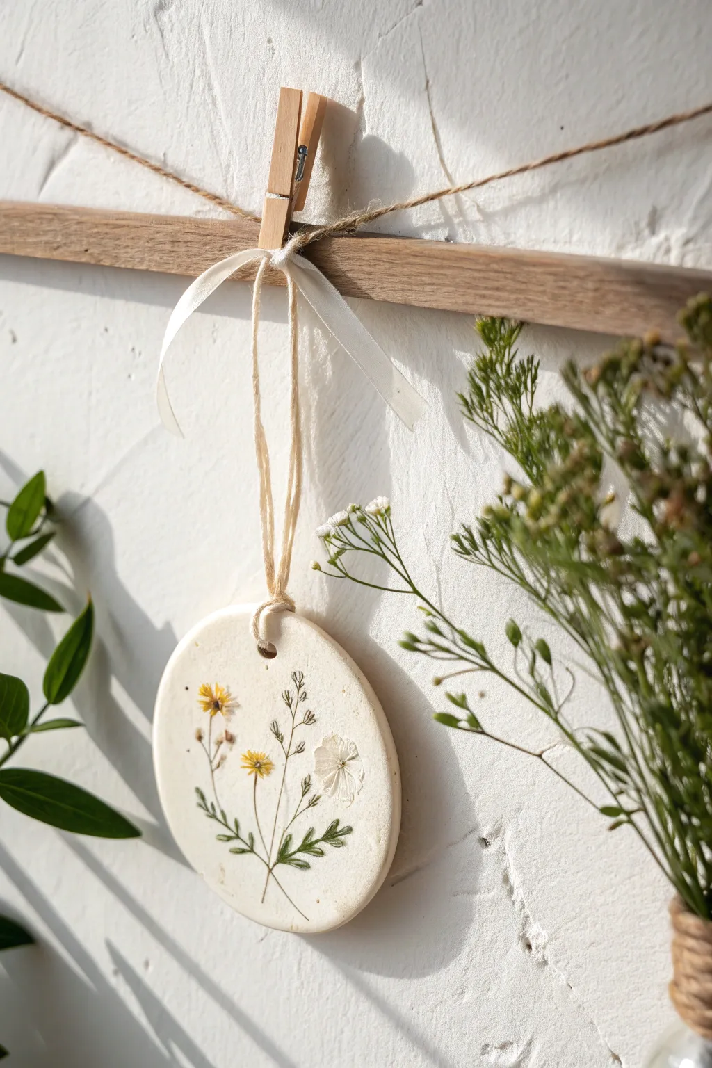 Simple pressed-flower air dry clay ornament, a heartfelt Mothers Day keepsake for Mom.