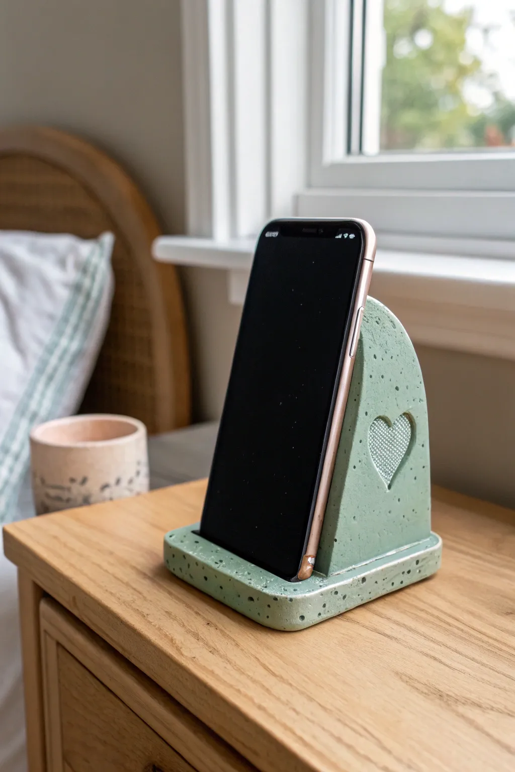 Cute air dry clay phone stand with heart cutout in sage, perfect teen bedside DIY decor.