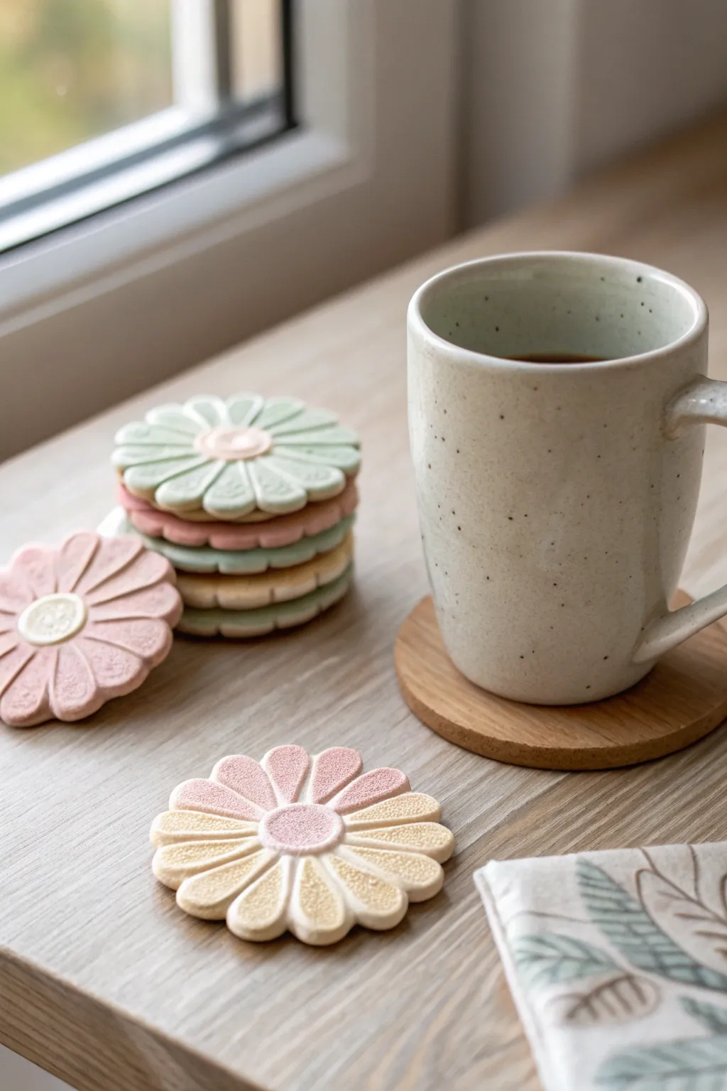 Soft pastel daisy air dry clay coasters stacked beside a minimal mug, bright and calming.