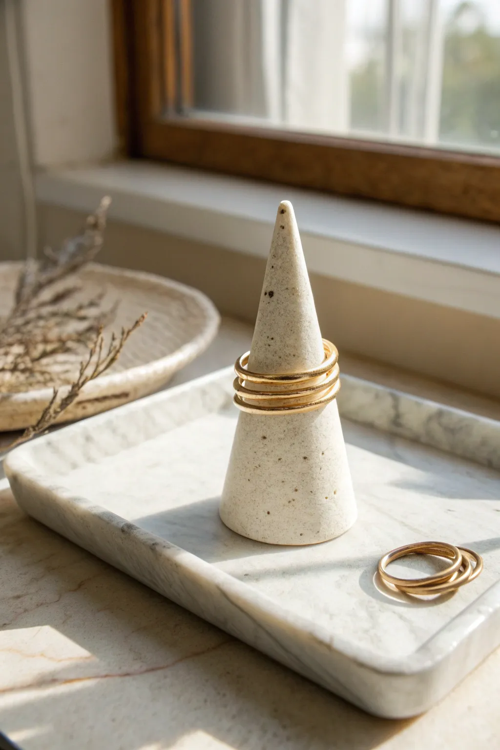 Minimal air-dry clay ring cone on a vanity, styled with gold rings for an easy product to sell