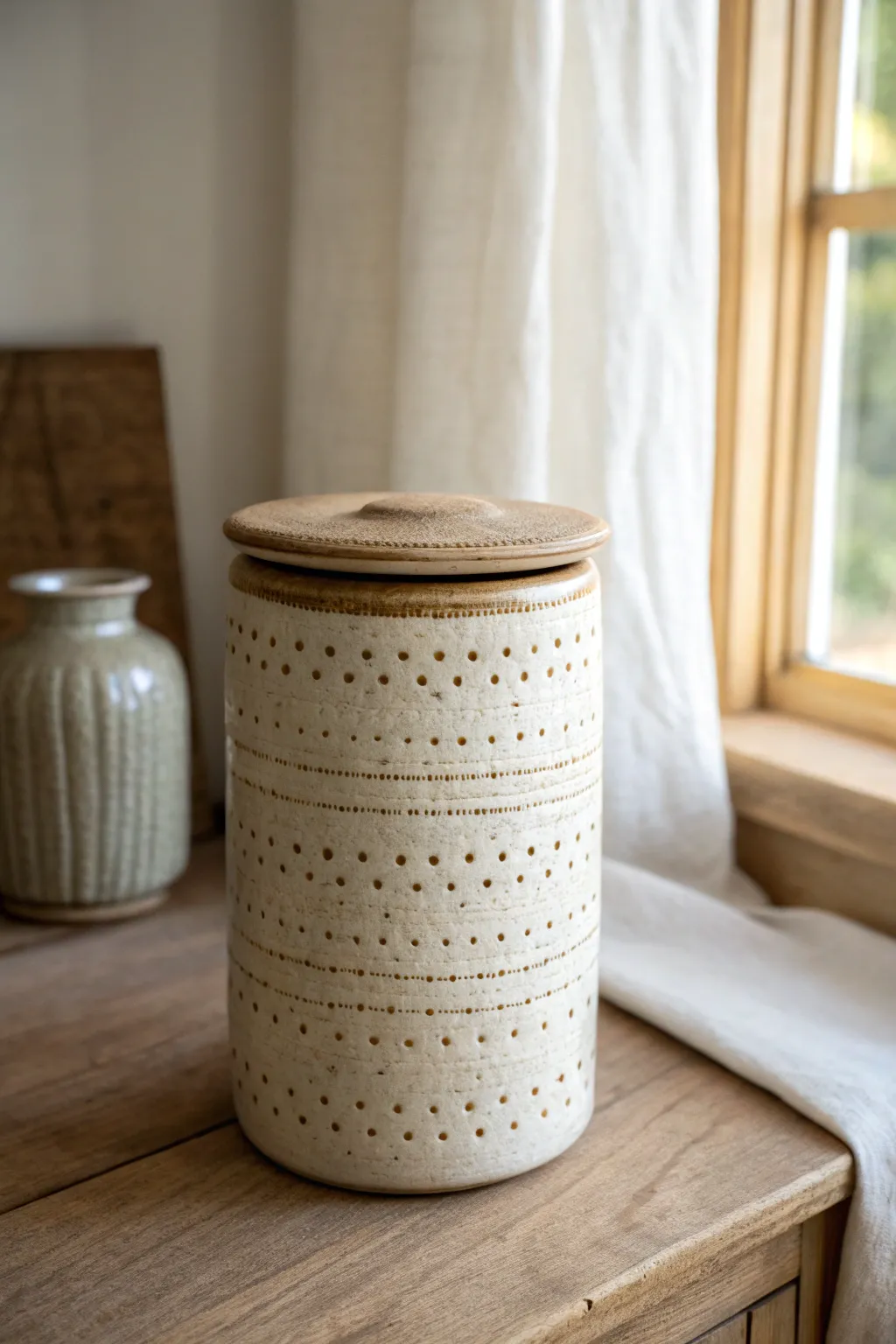 Stamped dot texture and a soft antiqued wash turn a simple jar into cozy minimalist storage.