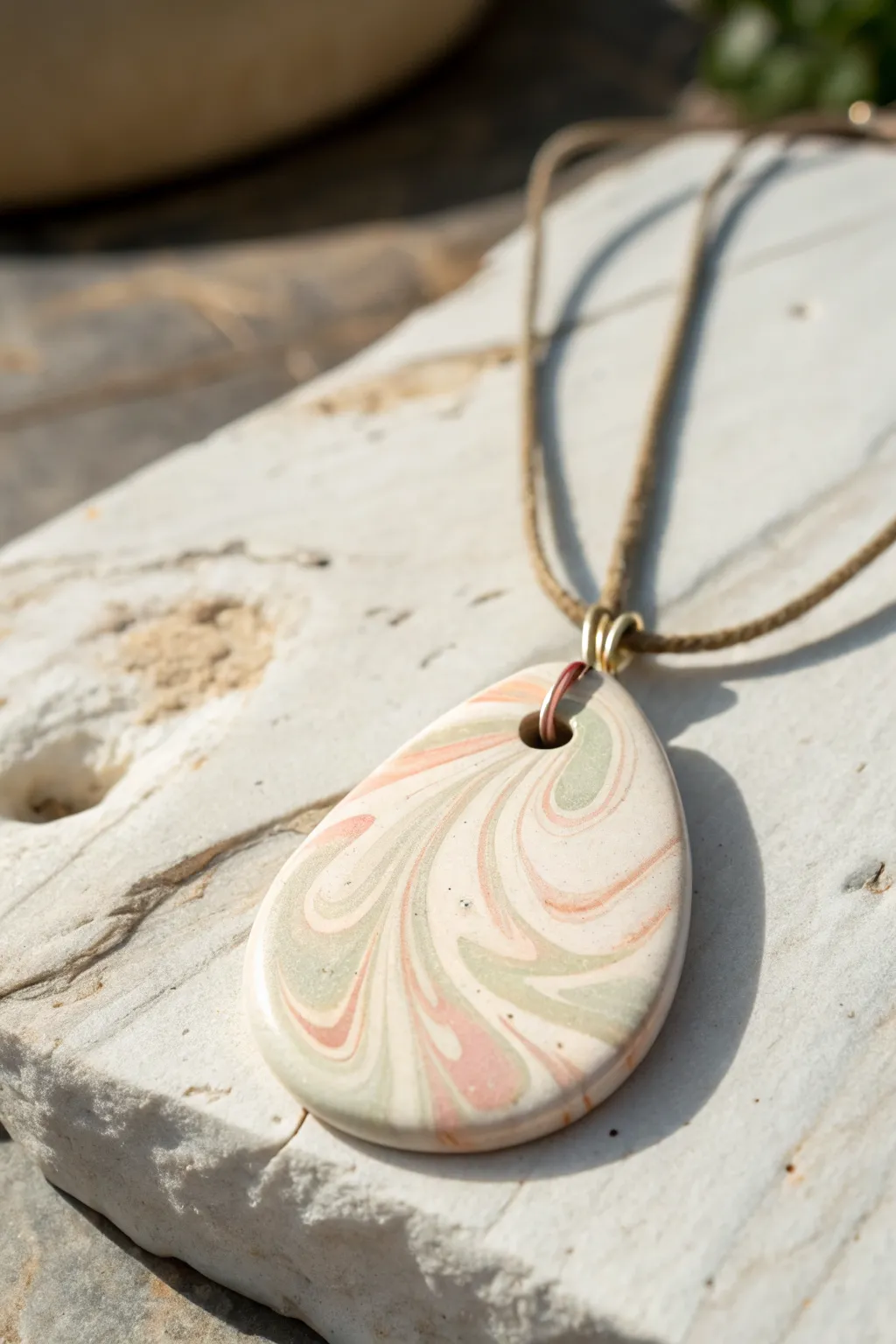 Minimal marbled swirl air-dry clay pendant necklace in soft neutrals for an easy boho look