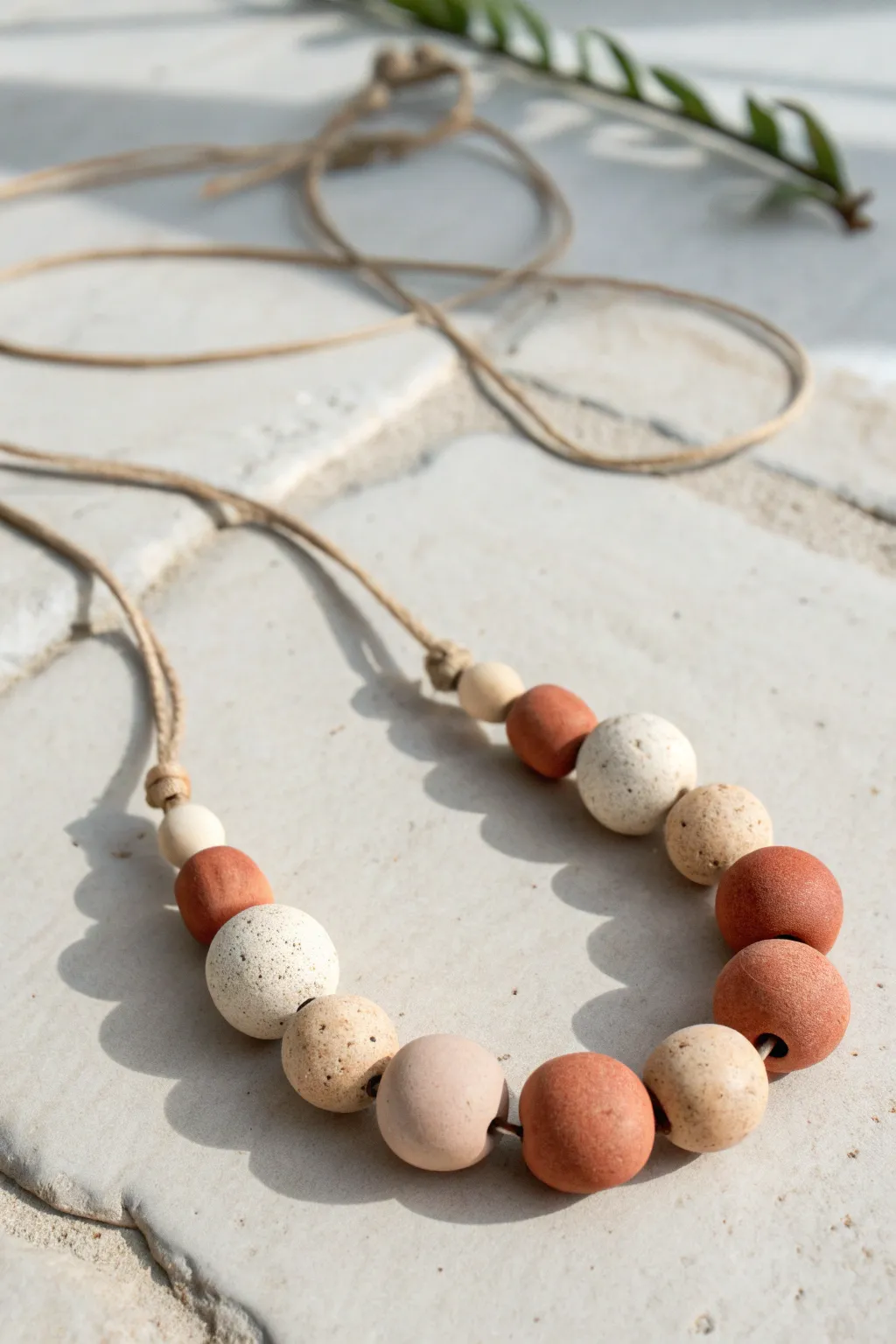 Chunky air dry clay bead necklace in soft neutrals, simple boho style and handmade charm.