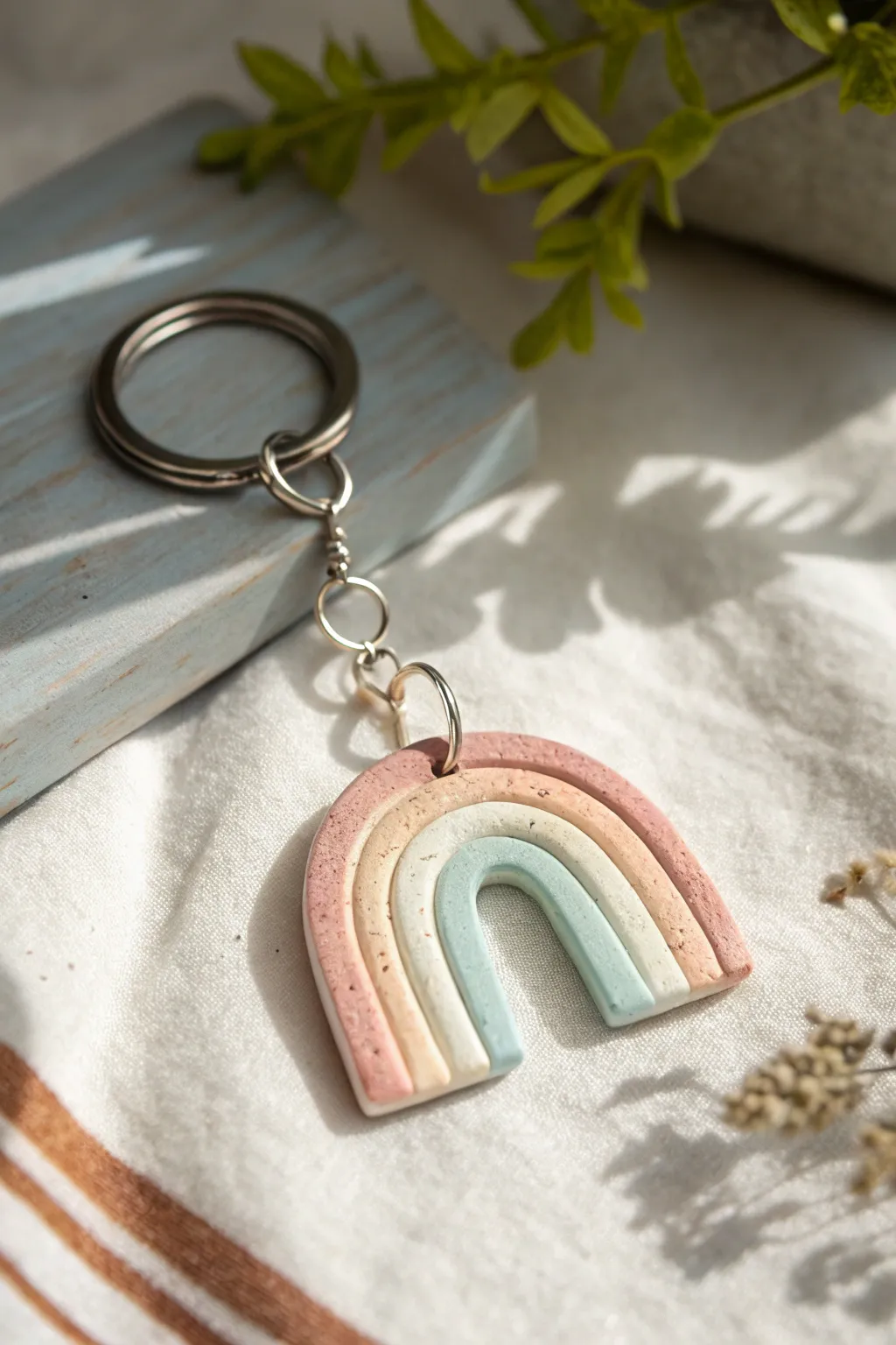Muted pastel rainbow arch clay keychain charm, minimalist and sweet with a clean handmade feel