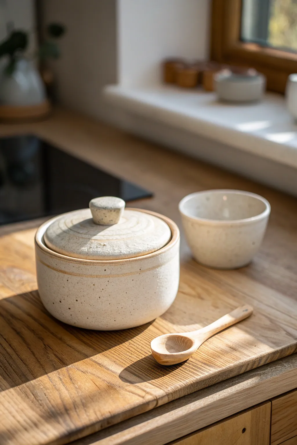 Minimal air dry clay salt cellar with tiny scoop, styled in a warm Scandinavian kitchen nook