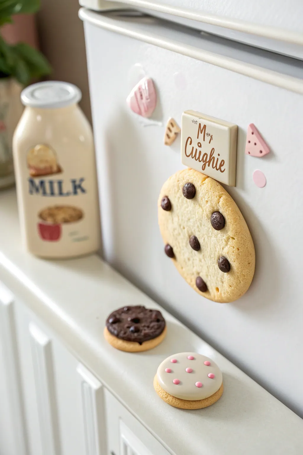 Sweet cookie and tiny milk carton magnets add cozy Scandinavian charm to your fridge.