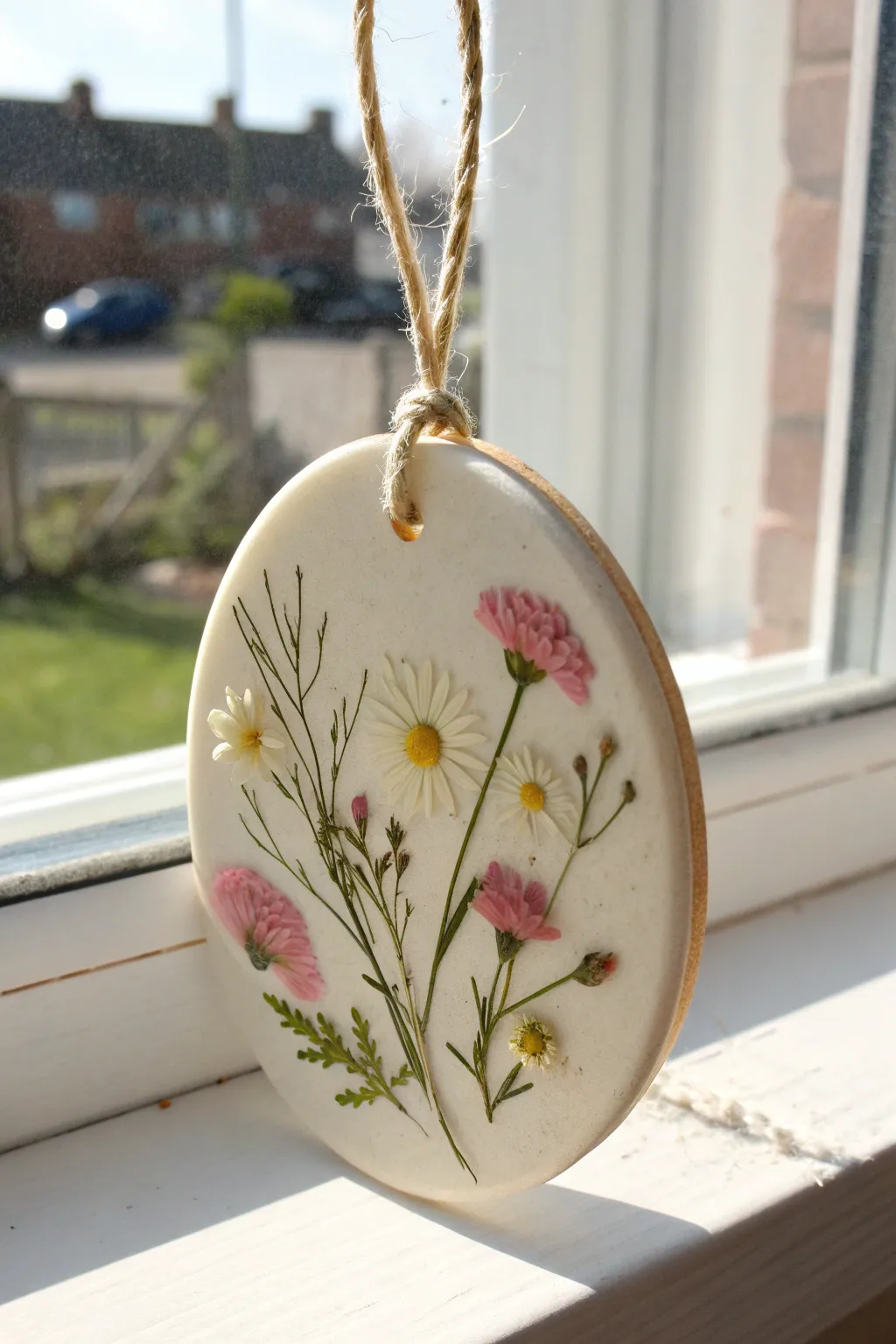 Pressed-flower air dry clay ornament glowing in a sunny window, a sweet Mother’s Day keepsake