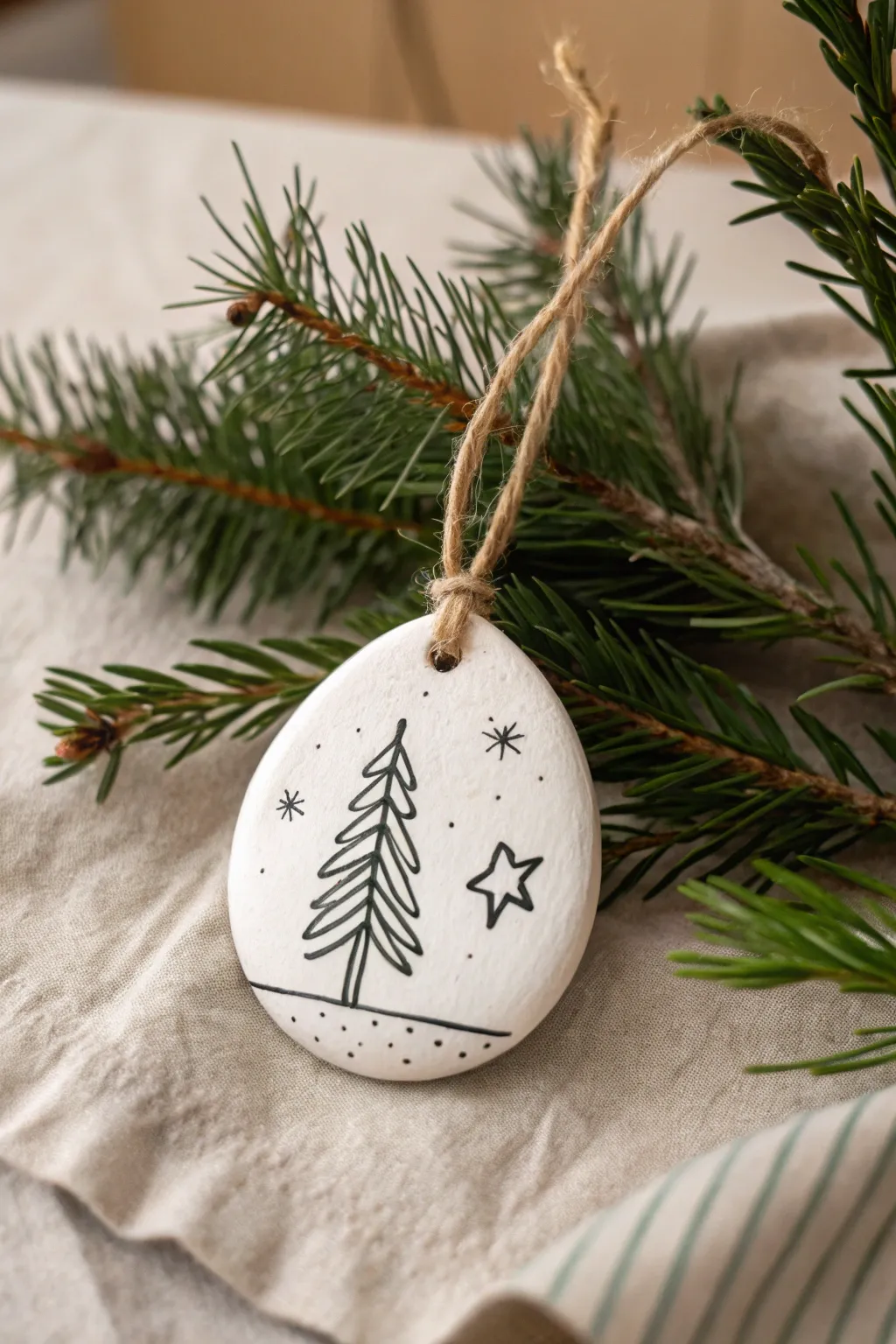 Minimal white clay ornament with simple black line art, hanging on a fresh green branch.