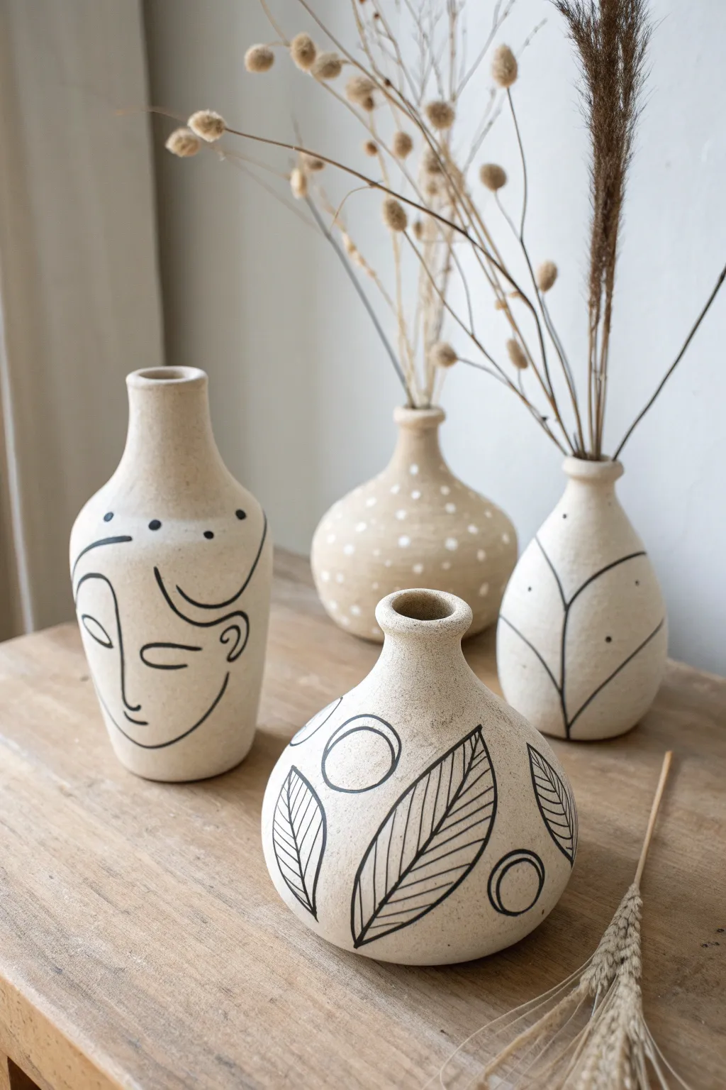 Tiny air dry clay bud vases with simple black line art for a calm minimalist look