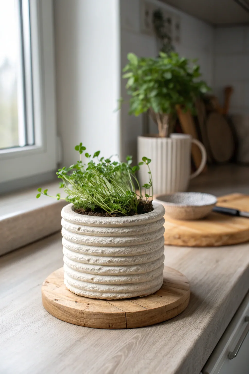 Coil-built air dry clay herb planter: simple, rustic texture with fresh greens on a calm counter