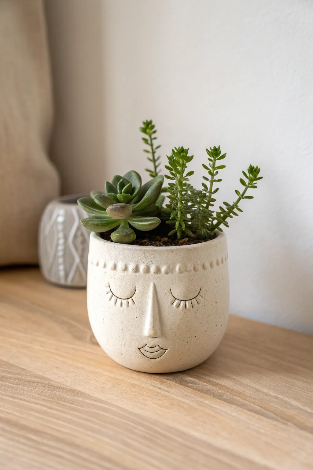 Air dry clay face planter with succulent hair, a simple sculpted pot idea for your home