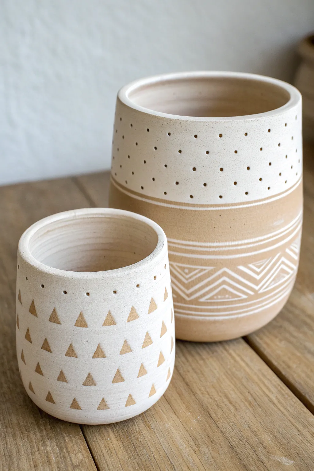 Minimal stamped air dry clay pots with repeating texture, soft neutrals, and crisp contrast