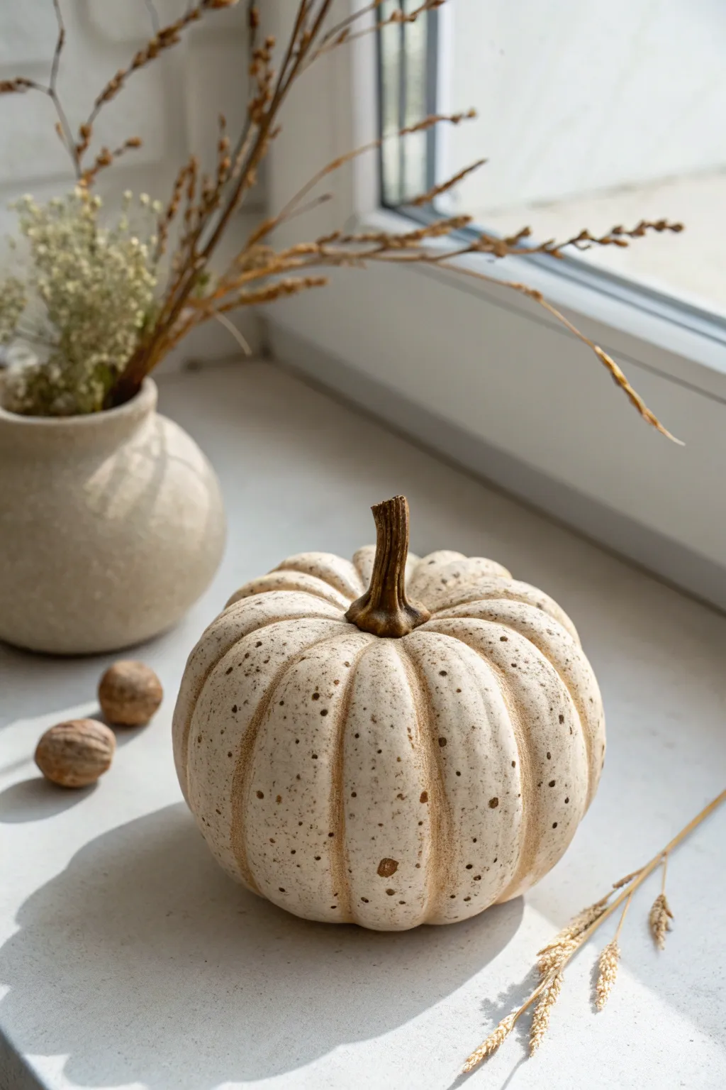 Neutral speckled stoneware-style clay pumpkin for a clean, cozy minimalist fall display
