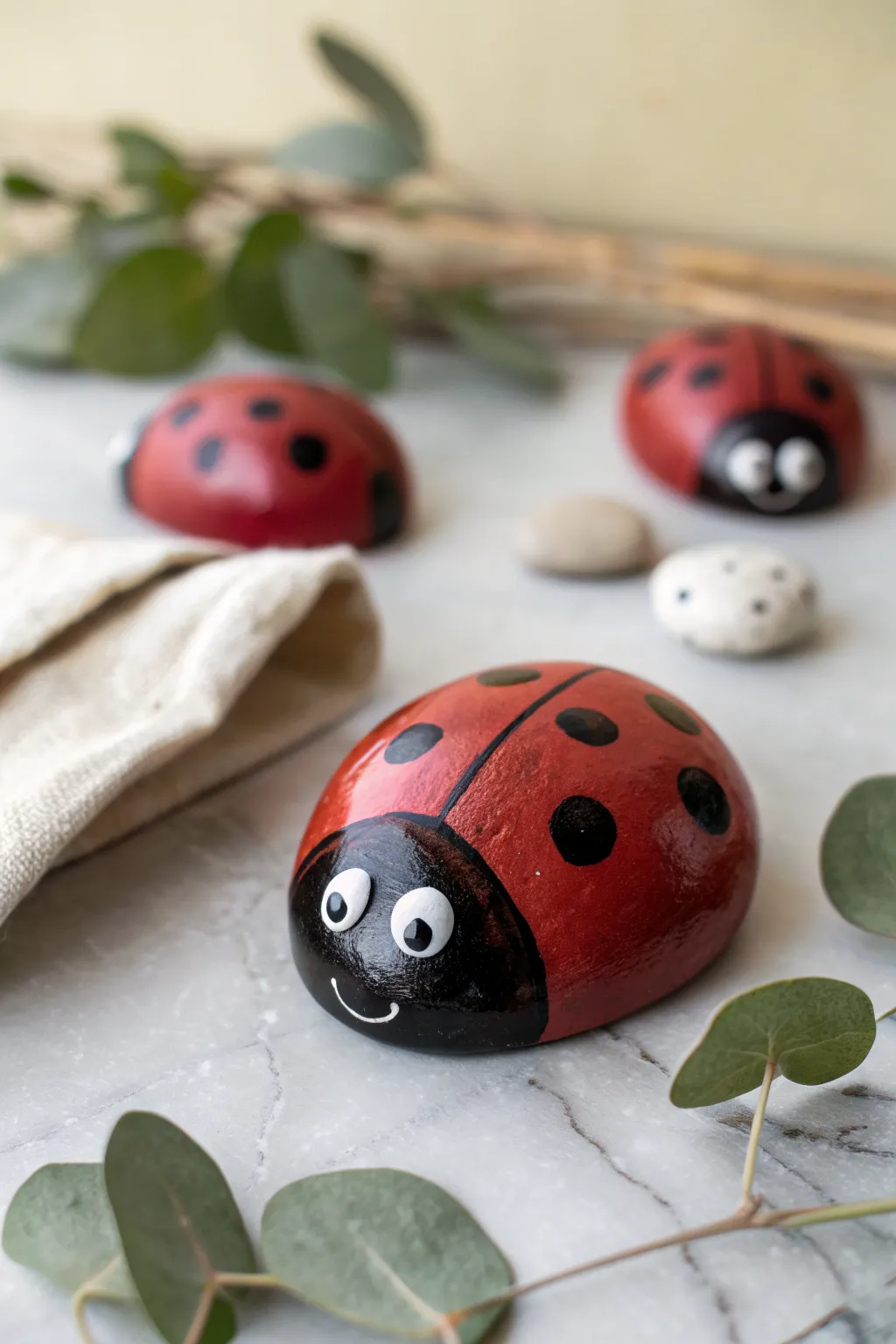 Cute ladybug pebble sculptures with googly eyes—an easy, kid-friendly air-dry clay idea