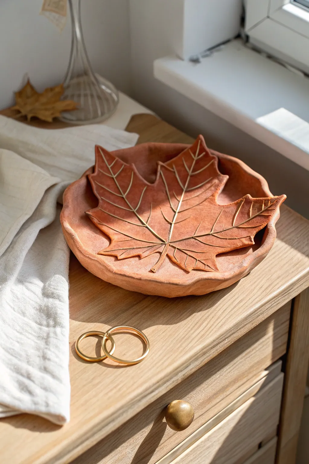 Air dry clay leaf trinket dish in cozy fall tones, a simple spot for rings and earrings