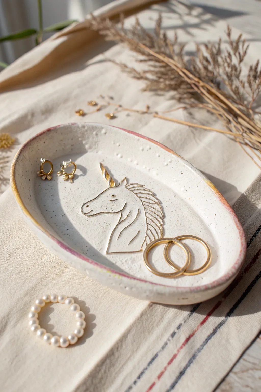 Air dry clay unicorn trinket tray with rainbow mane, a sweet minimalist catchall for jewelry