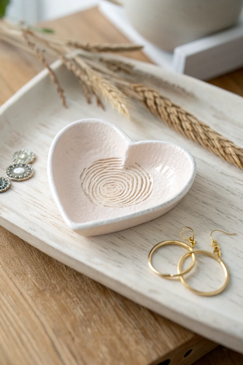 Tiny heart ring dish with a thumbprint dip, a sweet minimalist Valentine keepsake