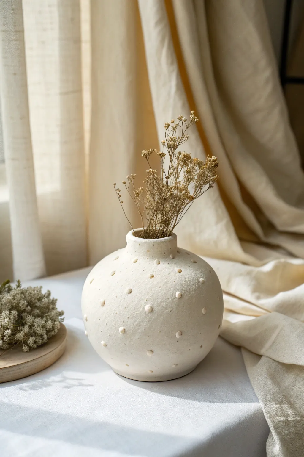 Dot-stamped air dry clay vase with dried botanicals, minimalist Scandinavian boho charm