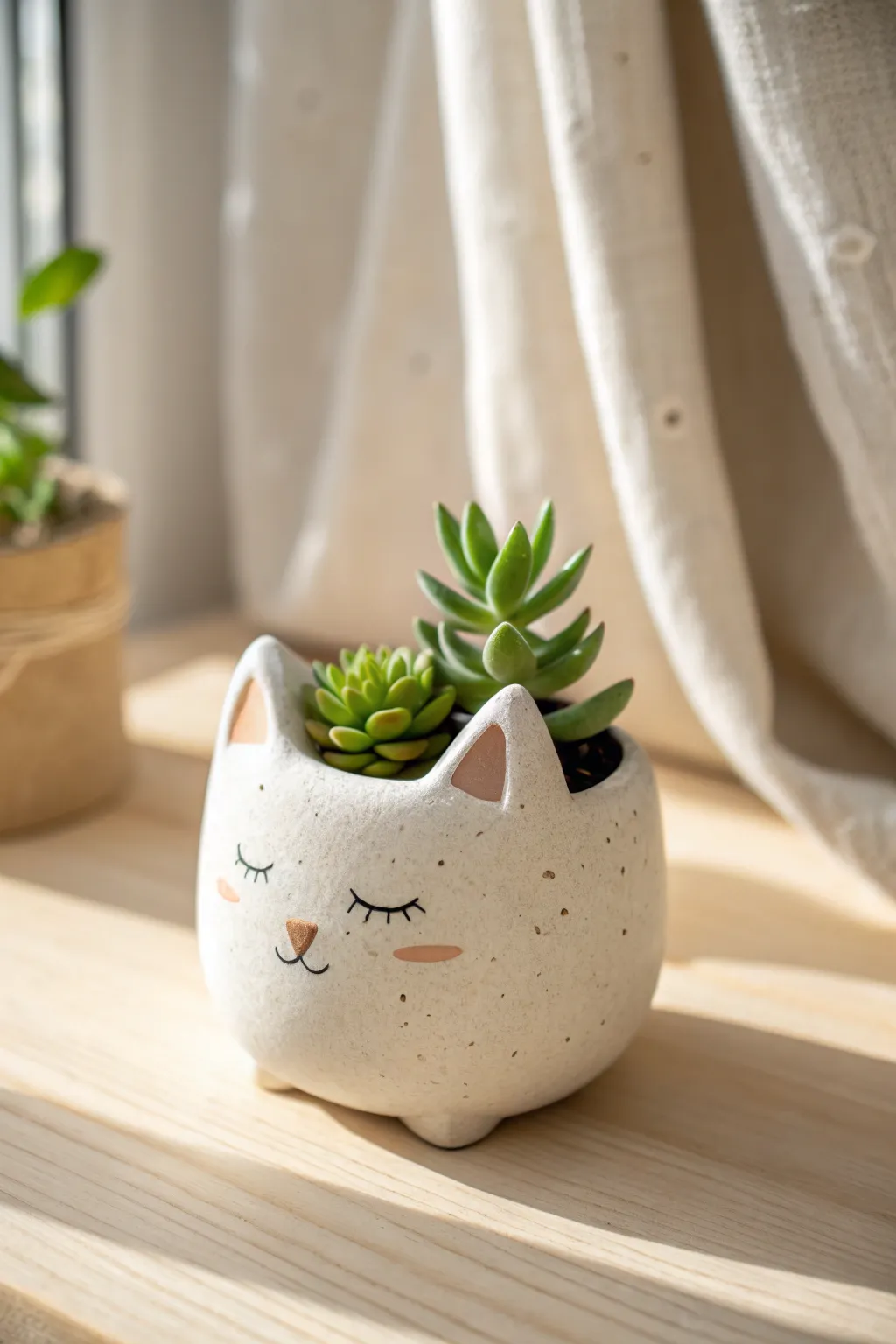 Tiny cat-shaped air dry clay planter with a sweet face, styled minimal with a fresh succulent.