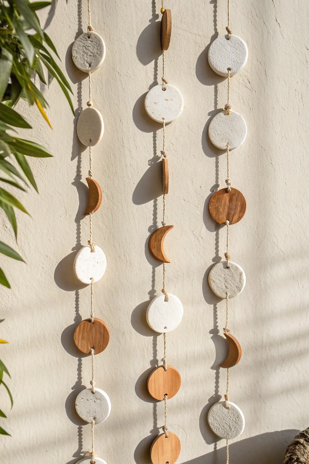 Soft boho moon phase garland in air dry clay, minimal Scandinavian styling for calm walls.