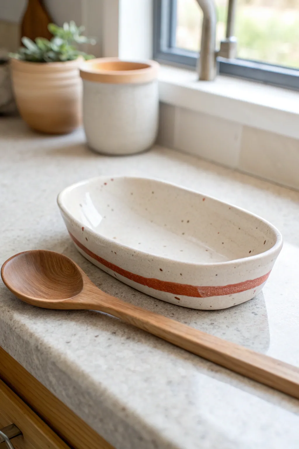 Minimalist air-dry clay spoon rest with a warm stripe detail for a calm modern kitchen