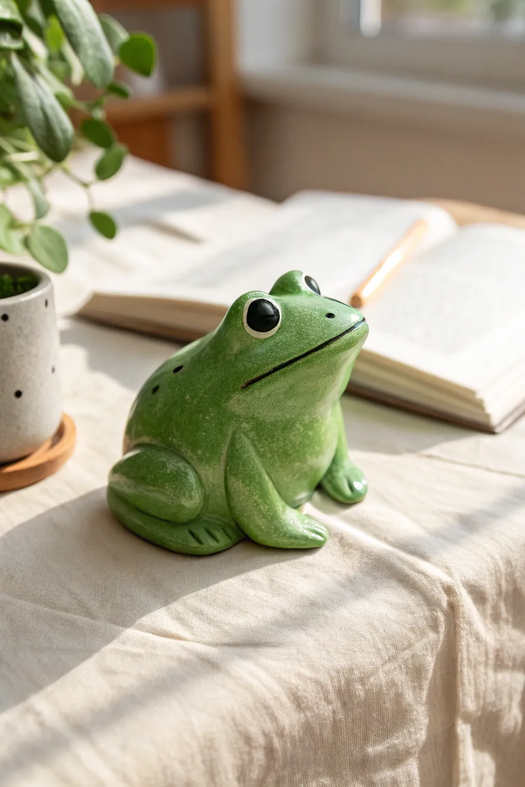 Bright green frog blob desk pal for your workspace, minimalist Scandinavian vibe with boho warmth.