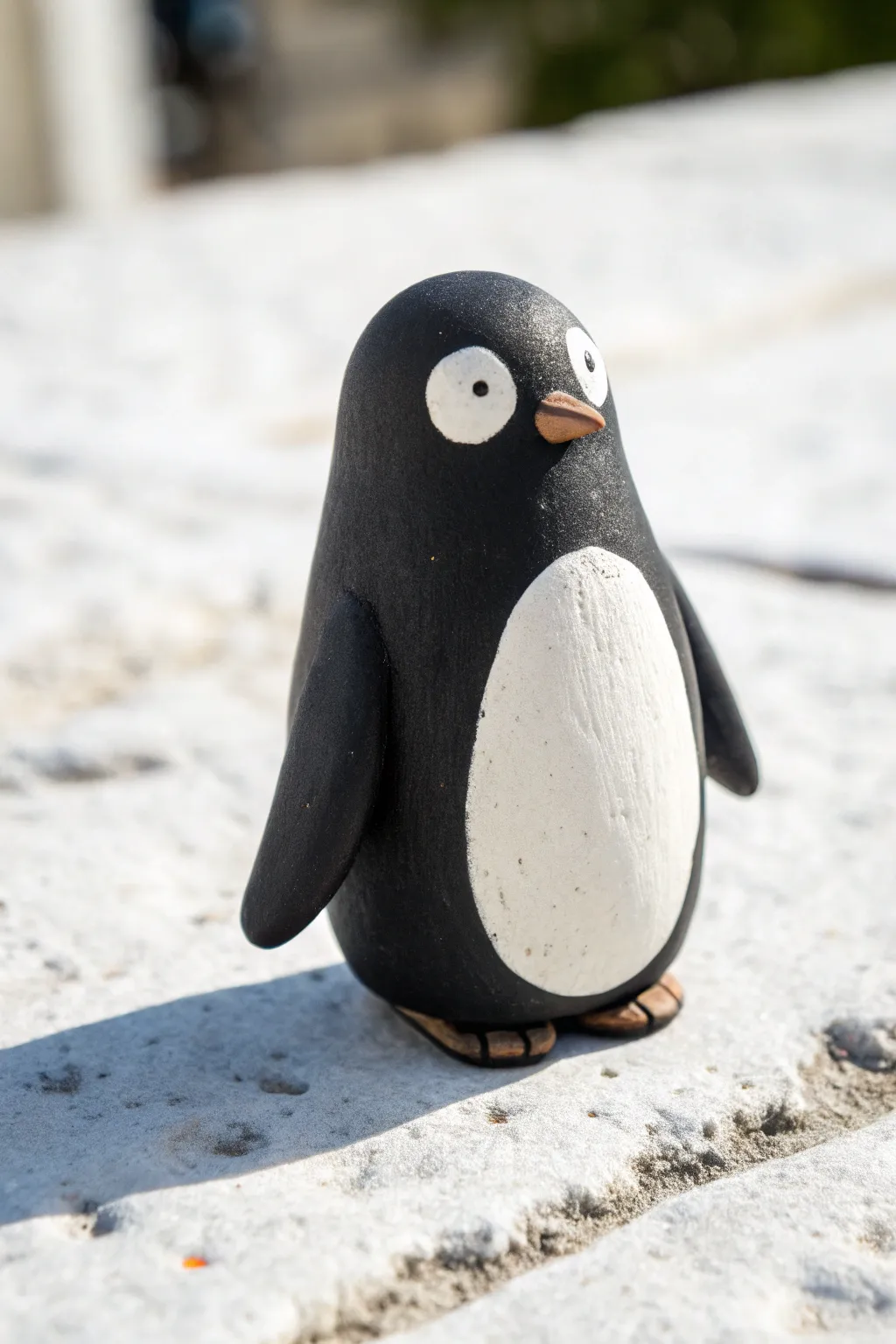 Mini clay penguin with a white belly patch, clean silhouette and soft shadow on bright white.