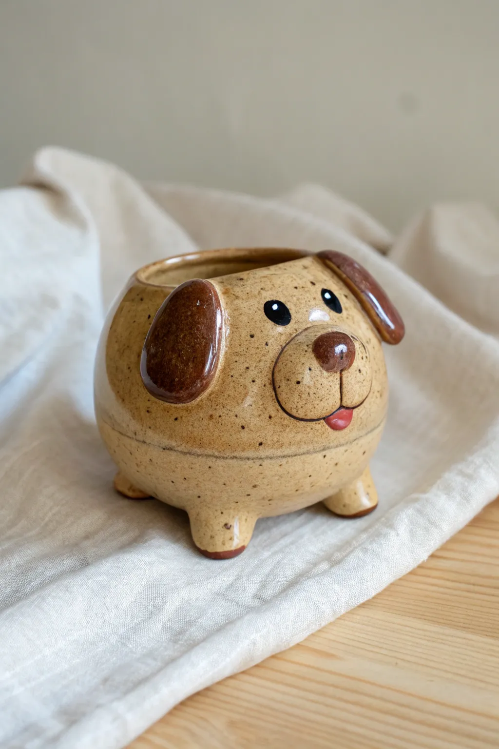 Playful puppy pinch pot with floppy ears and warm tan glaze, simple and charming.