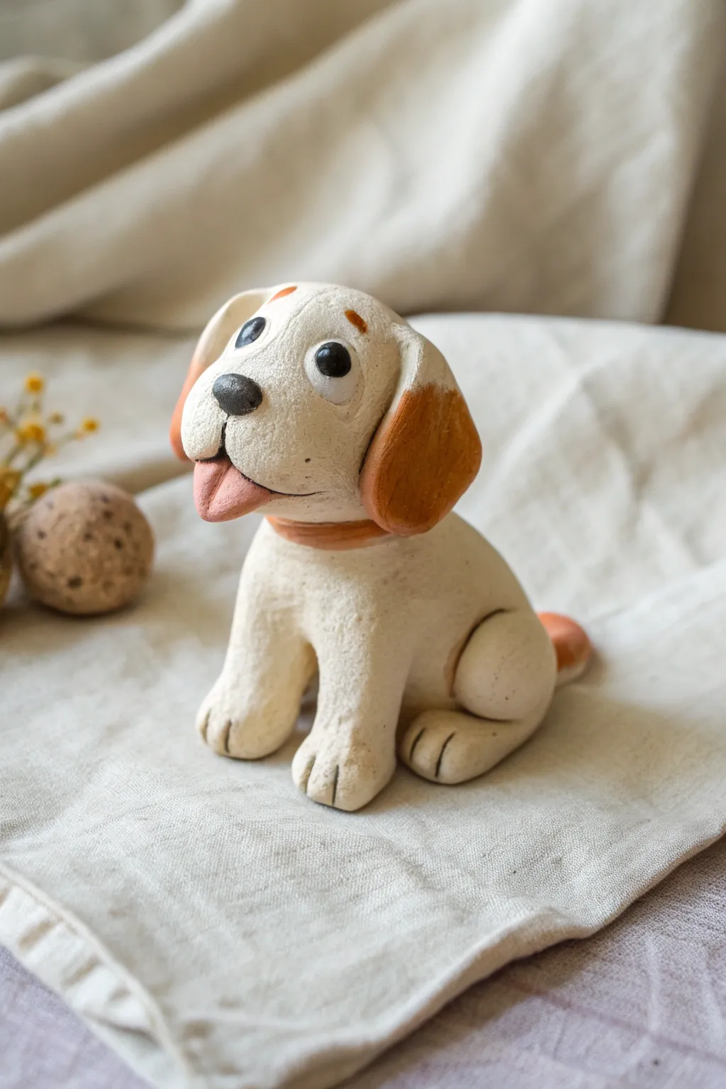 Pocket-sized floppy-ear puppy in simple clay shapes, a sweet spot detail, and cozy minimal styling.