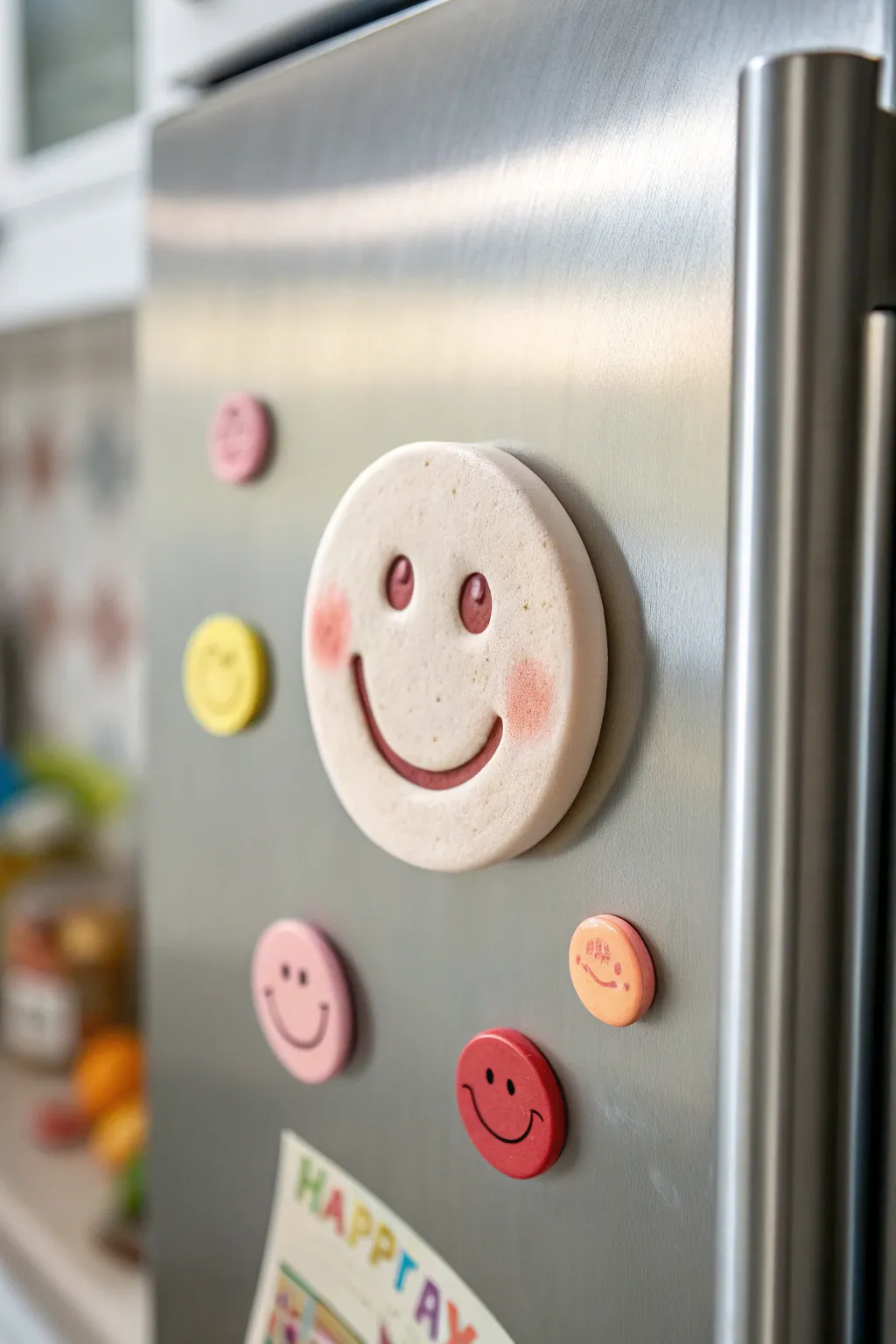 Sweet air-dry clay smiley magnet set adds playful charm to a minimalist kitchen fridge.