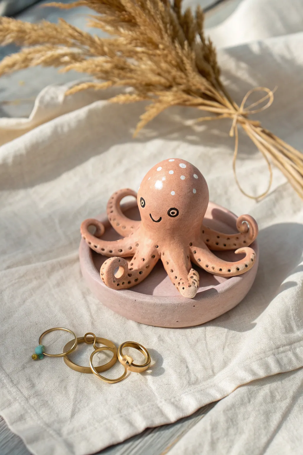 A tiny handmade octopus ring holder with curled tentacles, simple, sweet, and beautifully minimal.