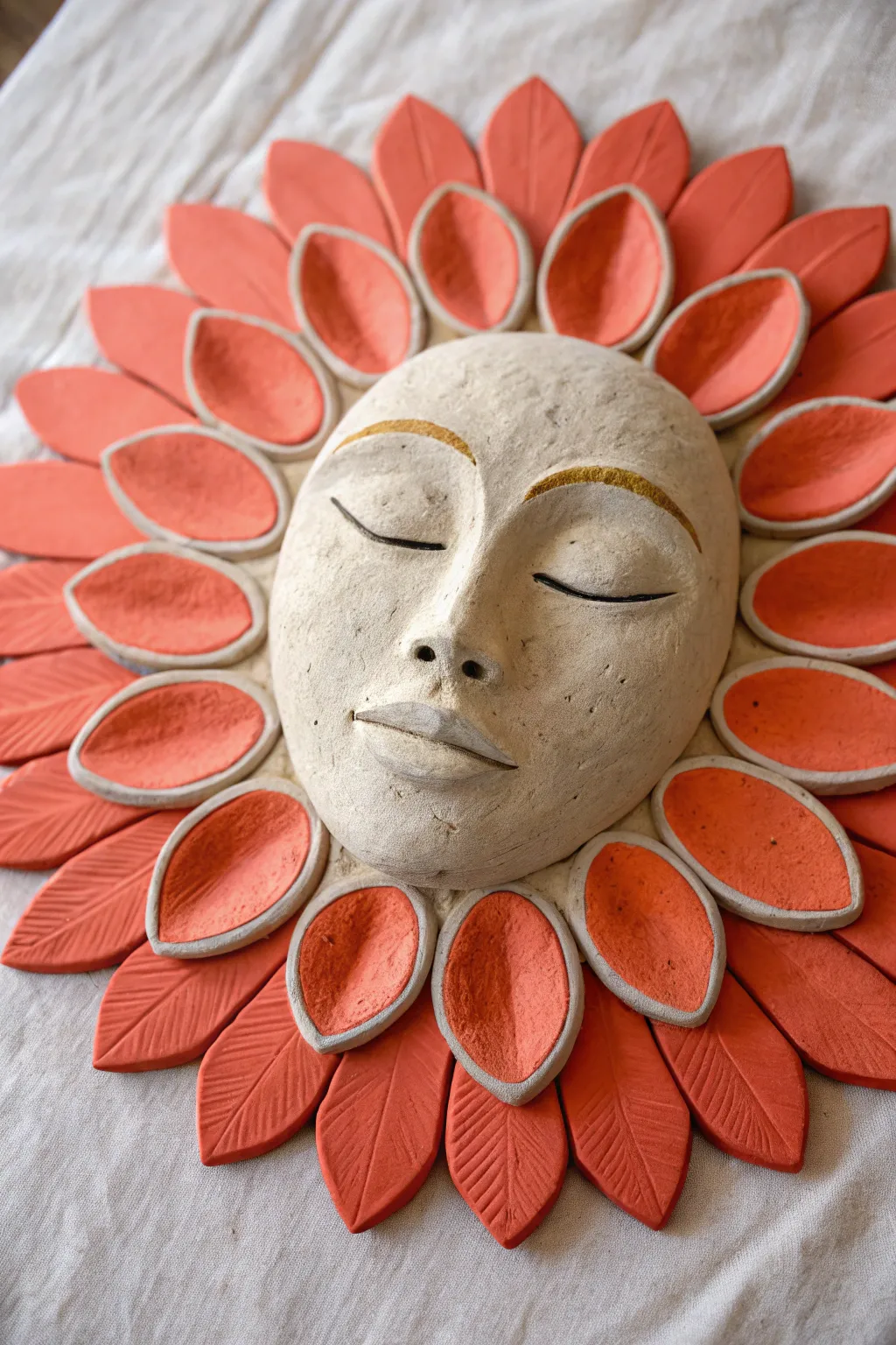 Cheerful flower halo art clay mask with bold petals, minimalist boho charm in soft light.