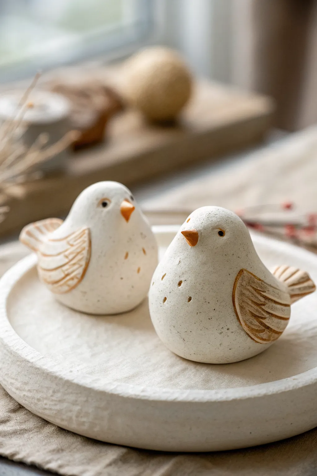 Tiny clay bird buddy pair with smooth shapes and simple details, minimal and charming