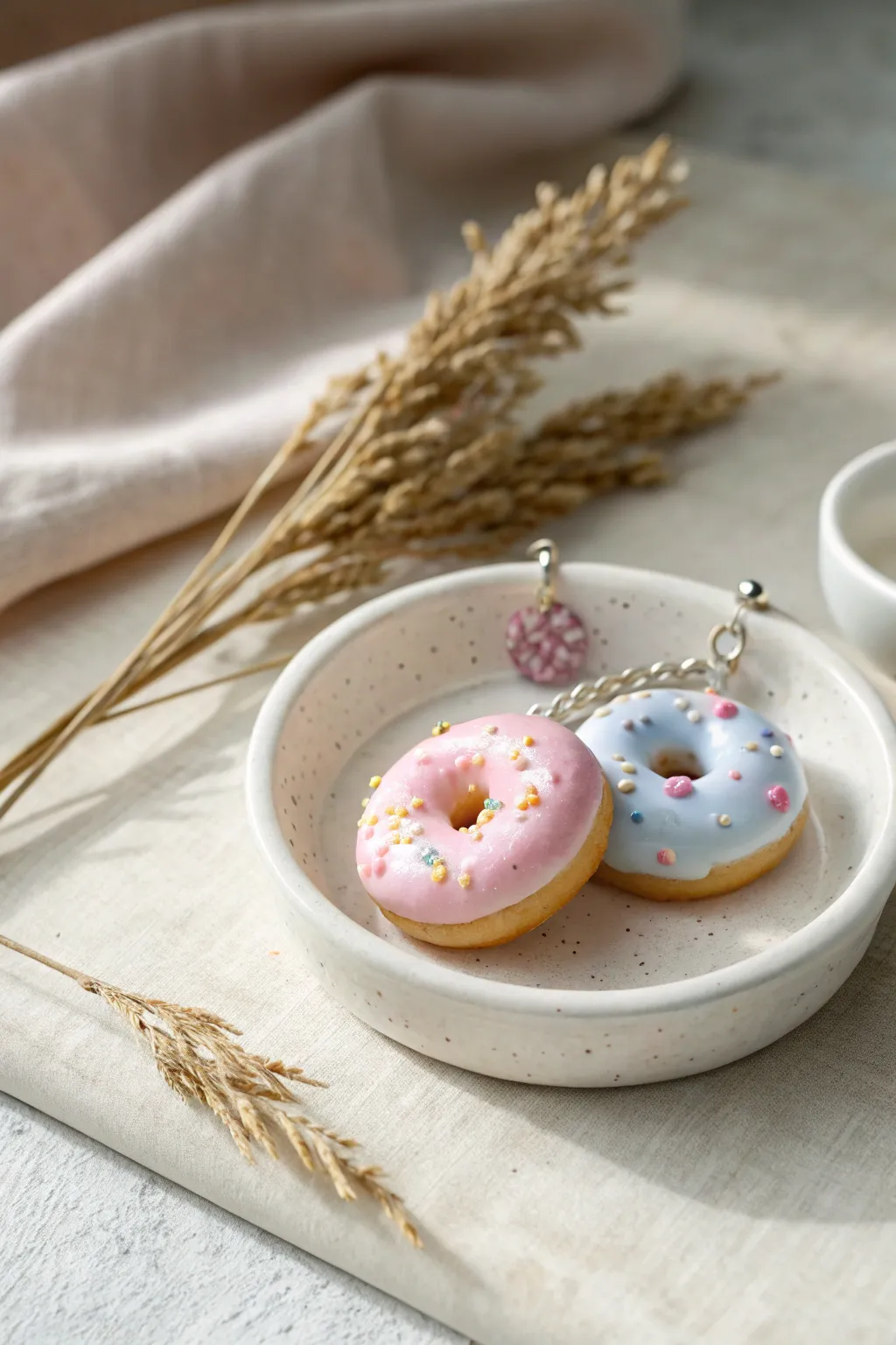 Tiny pastel donut charms with glossy icing drips and sprinkles, styled in a minimal dessert scene