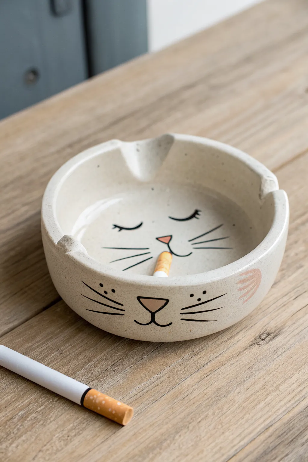 Minimal cat face clay ash tray with discreet ear notches, matte finish, and soft hand-painted details.
