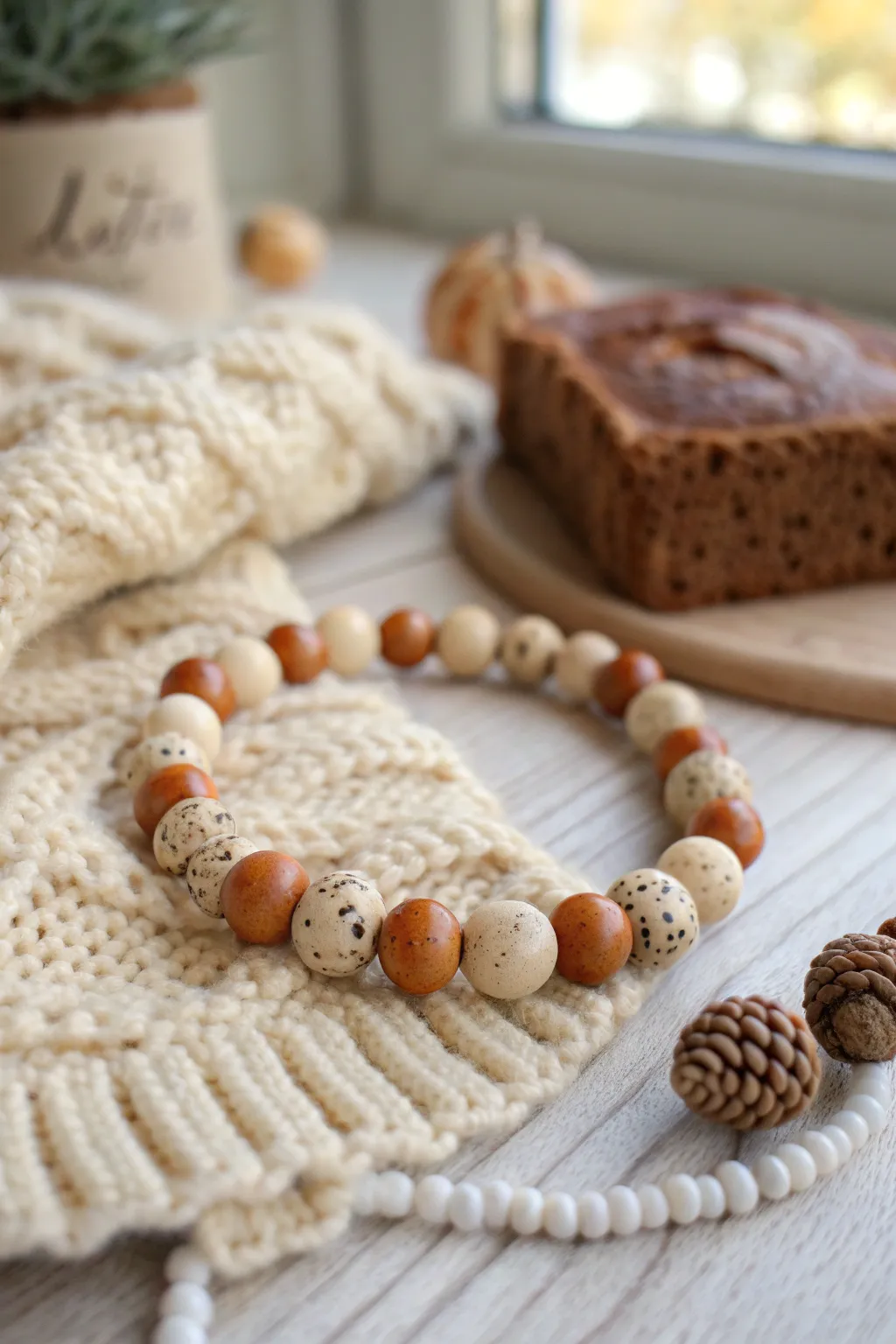 Cream and tan clay bead bracelet with speckled discs, cozy autumn neutrals and handmade charm.