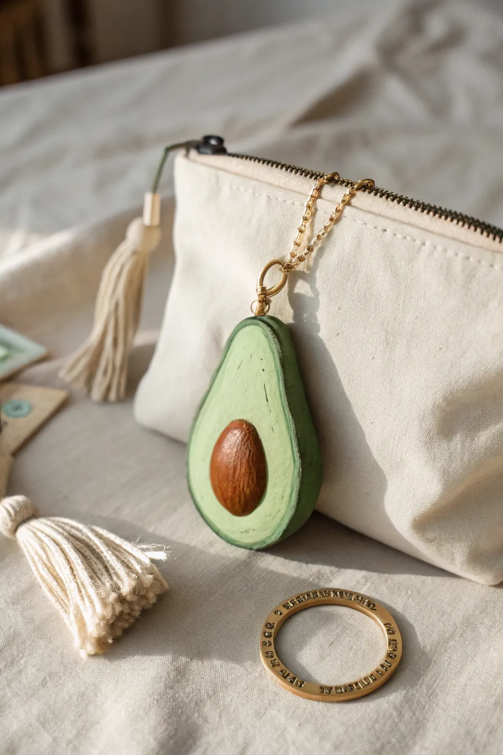 Minimal avocado clay charm with tassel on a canvas pouch, simple, cute, and handmade.