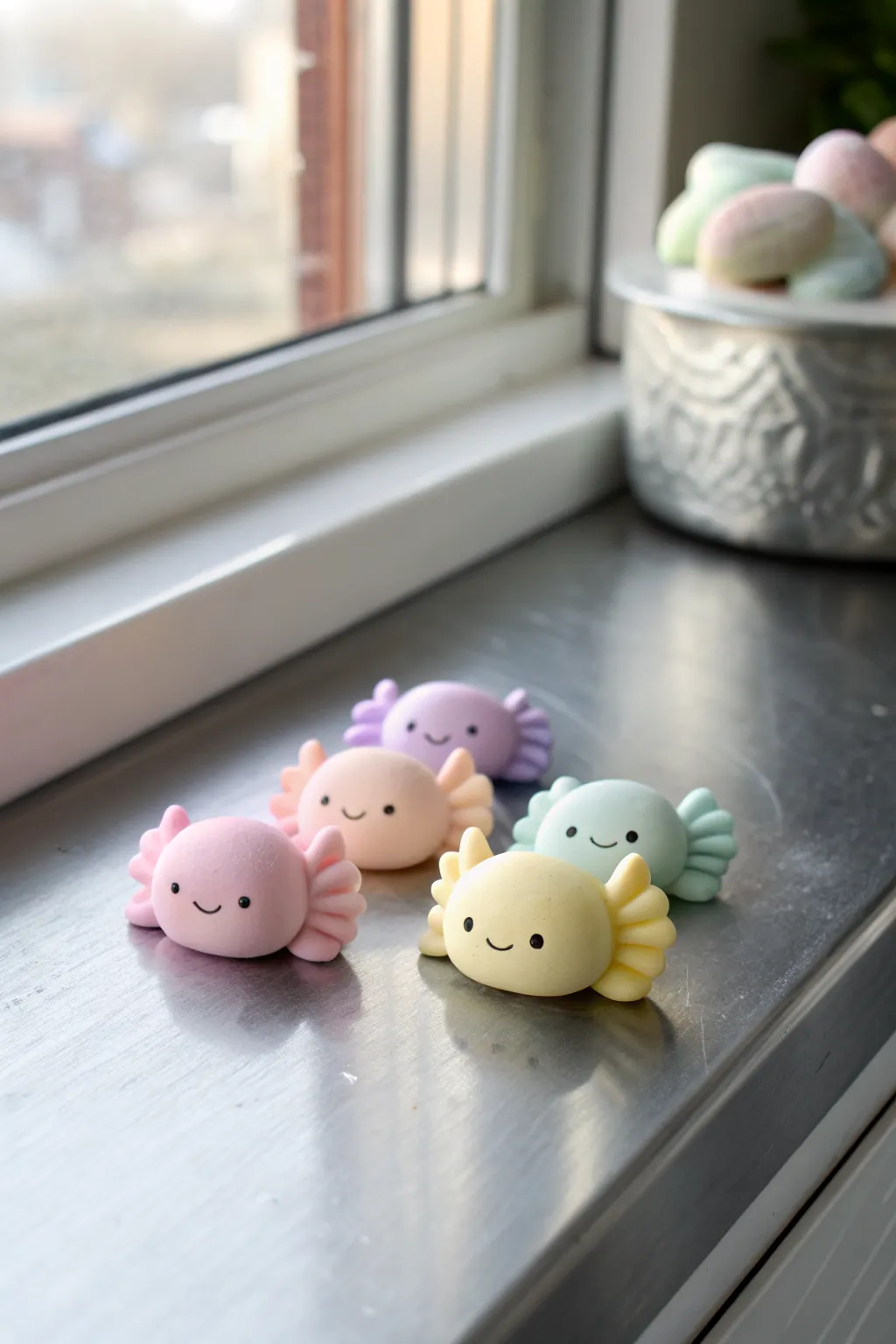 Pastel axolotl magnets with tiny gills, a cute minimalist touch for your fridge.