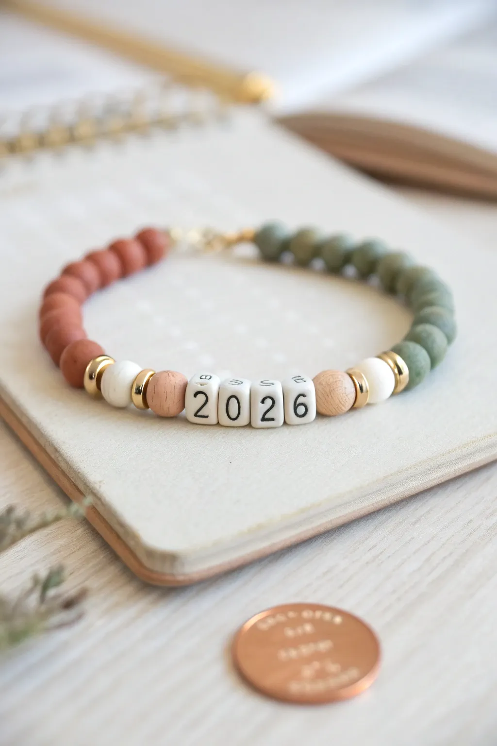 Class year clay bead bracelet with clean color blocks and simple number-bead centerpiece