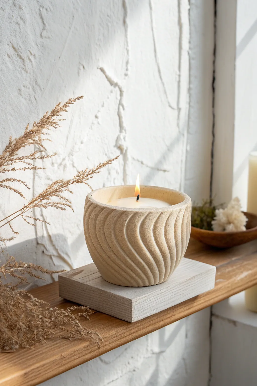 Minimal bakeable clay taper candle holder, soft shadows, Scandinavian calm with boho warmth.