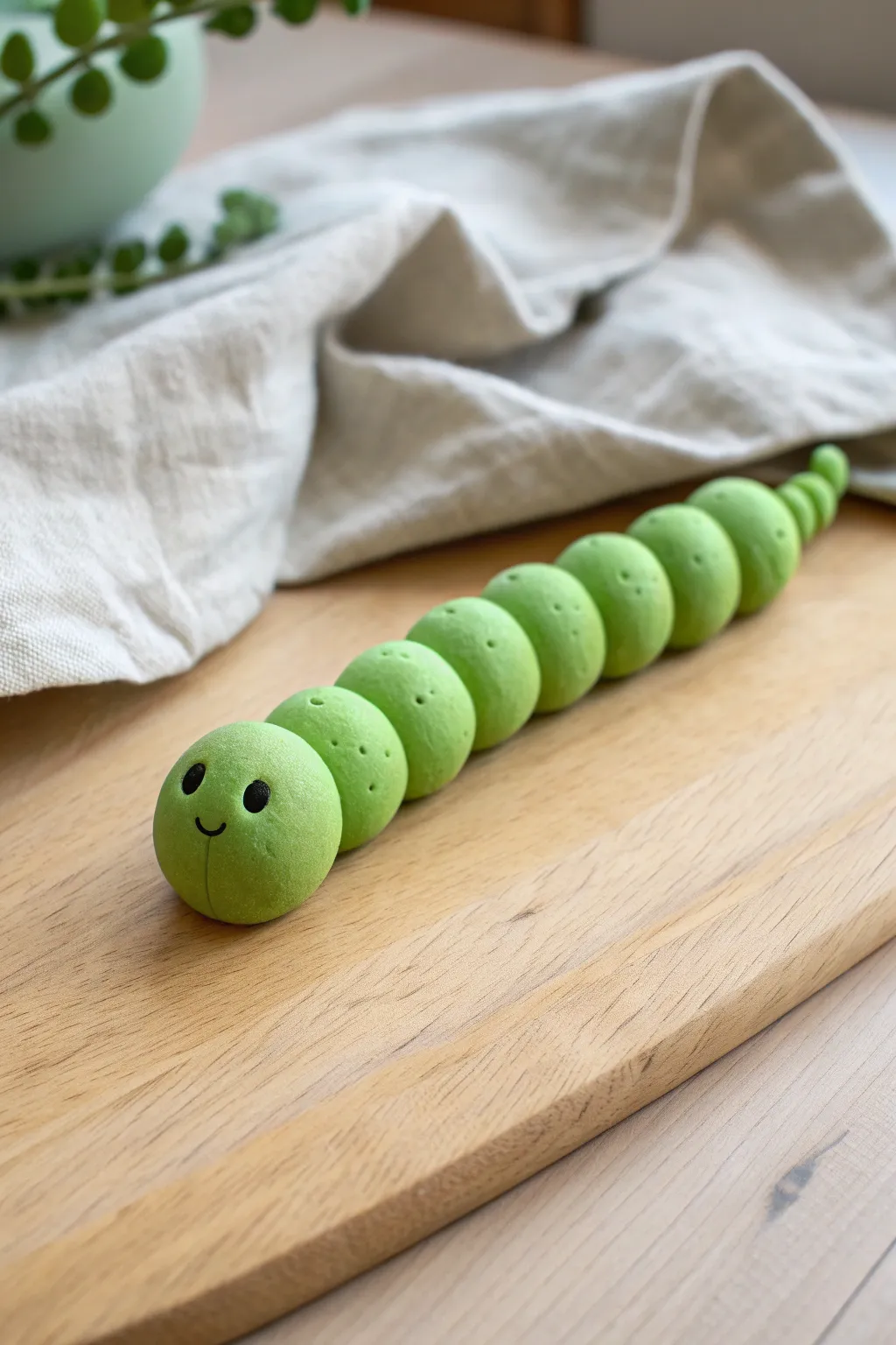 Cute ball-chain clay caterpillar in bright green, a simple beginner pottery idea.