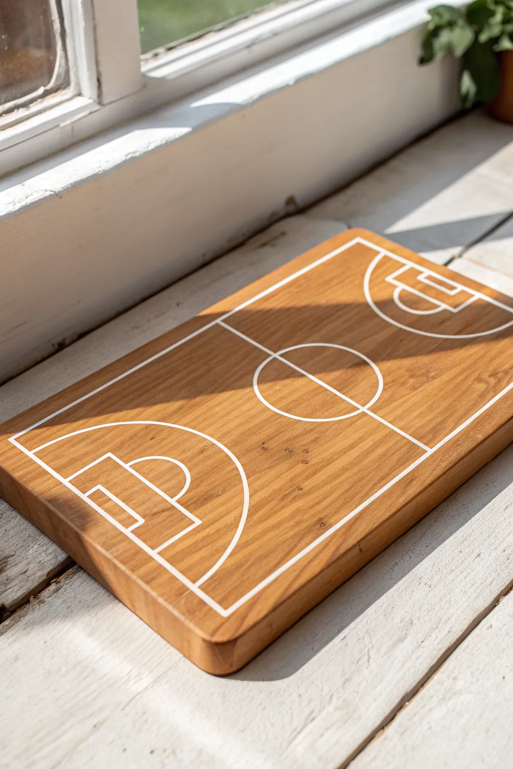 Handmade hardwood-court clay slab base with crisp white lines and warm, minimalist wood tones.