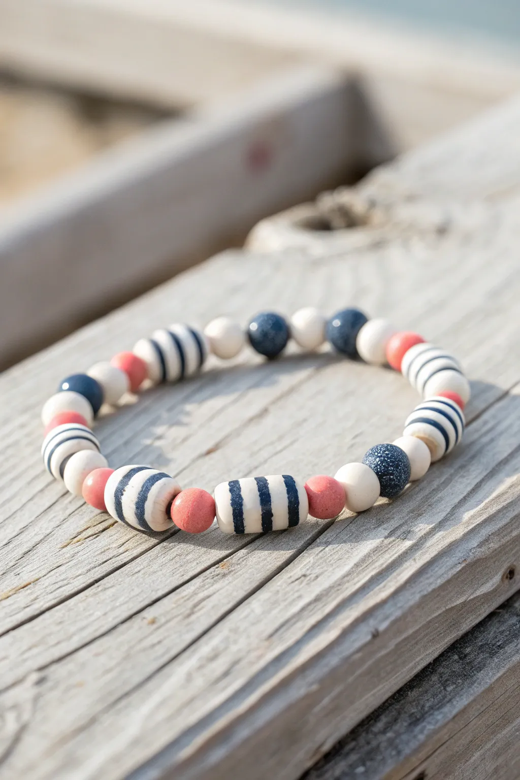Nautical clay bead bracelet in navy, white, and coral for an airy, coastal minimalist vibe
