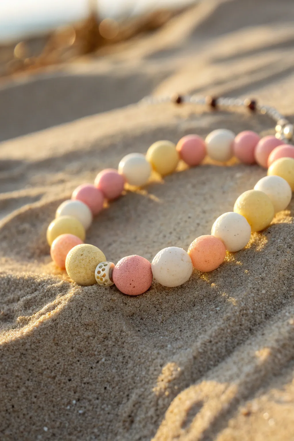 Coastal sunset pastel ombre clay bead bracelet glowing in warm golden hour light